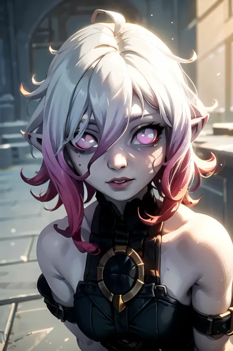 <lora:Briarv06n:0.7>  briar, solo, 1girl, gradient hair, pink sclera, white hair, short hair, multicolored hair, grey skin, colored sclera, silver eyes, pointy ears, hair between eyes