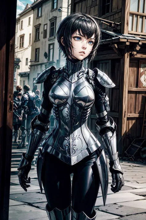 thick outlines, comics, photorealistic, perfect hands, masterpiece:1.2, 1girl, solo, standing, thin tights, <lora:kjelle-nvwls-v1:0.7>, kjelle, pauldrons:1.5, armor, bodysuit, armored boots, gauntlets, short hair, medieval town, detailed face, detailed eye...