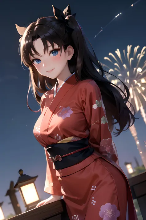 (masterpiece), best quality, highres, ultra-detailed, 1girl, tohsaka rin, solo, long hair,, blue eyes, two side up, black hair, summer, night, night sky, summer festival, aerial fireworks, red, floral print, japanese clothes, kimono, yukata, obi, leaning f...