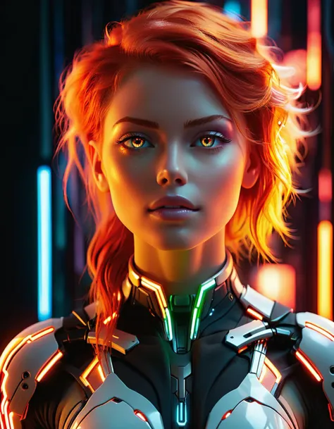 a woman in a futuristic suit with glowing eyes and a futuristic suit