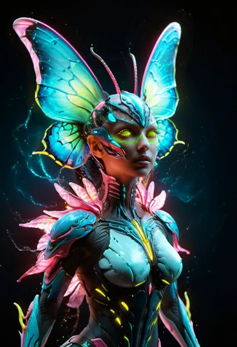 ombre colors of neon pink, neon blue, neon green, neon yellow
Alien female with large beautiful butterfly wings, powerful jaws, beautiful and terrible, flexible body, long snake tail, luminous eyes, Inspired by Stellaris game and Warframe, Dark Souls style...