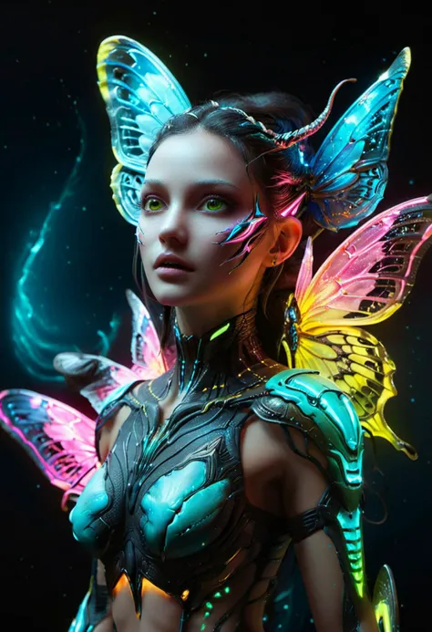 ombre colors of neon pink, neon blue, neon green, neon yellow
Alien female with large beautiful butterfly wings, powerful jaws, beautiful and terrible, flexible body, long snake tail, luminous eyes, Inspired by Stellaris game and Warframe, Dark Souls style...