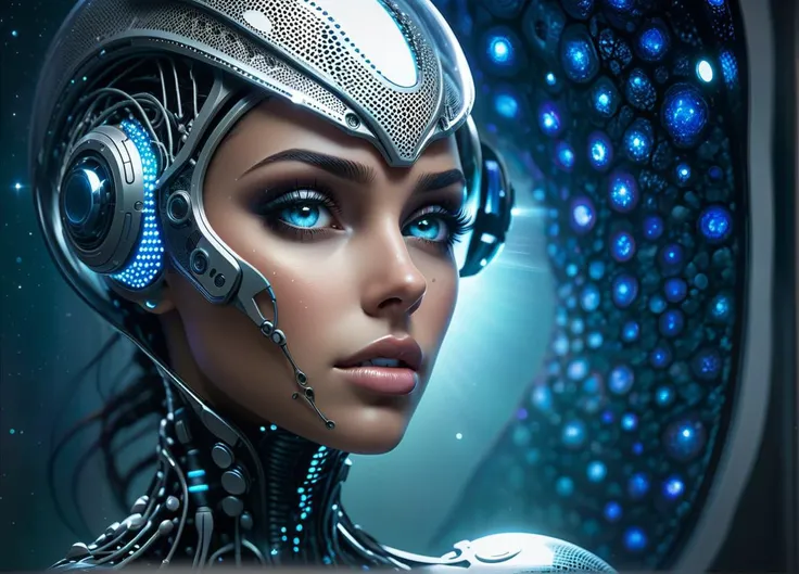 a close up of a woman wearing a futuristic helmet and headphones