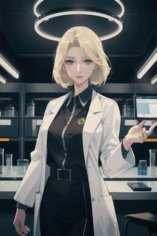 blonde woman in a scientists lab coat in a futuristic laboratory, (young elizabeth mitchell:0.8), 8k uhd, dslr, soft lighting, high quality, cinematic lighting