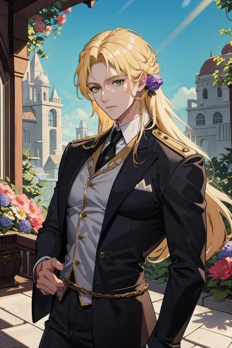 masterpiece, best quality, 1 male, adult, mature, handsome, tall muscular guy, long blonde hair, green eyes, handsome, suit, fantasy, uniform, royal, Forest, flowers blooming brightly-bloomed flowers, Sunlight, Fantastic light and shadow, Scenery, portrait