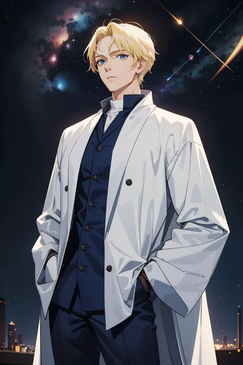 masterpiece, best quality, 1 male, adult, mature, handsome, tall muscular guy, space, galaxy, shining star, meteor shower, night sky, scenery, blonde hair, blue eyes, He is looking up at the sky, hands in pockets, white robe, blue muffler