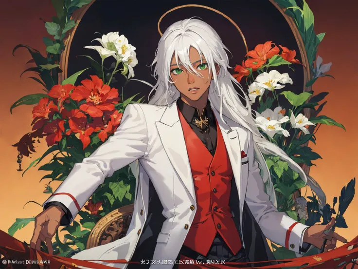 (pixiv fanbox, official art, trending on artstation, digital art, divine),1boy, abs, dark skin, green eyes, white hair, long hair, suit, tuxedo, elegant