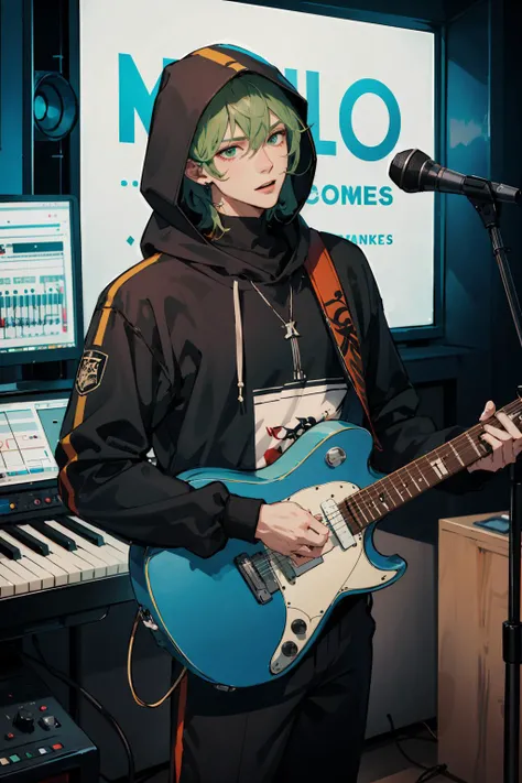 masterpiece, best quality, 1 male, adult, tall muscular, handsome, green hair, oversized hood, Musician, Musical attire, Recording studio, Composing music, Performing live, Collaborating with other musicians