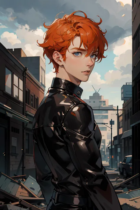 masterpiece, best quality, 1 male, adult, tall muscular, handsome, finely detailed eyes, intricate details, orange hair, old leather jumper, black leather pants, looking back, (abandoned city), upper body, (grey sky)