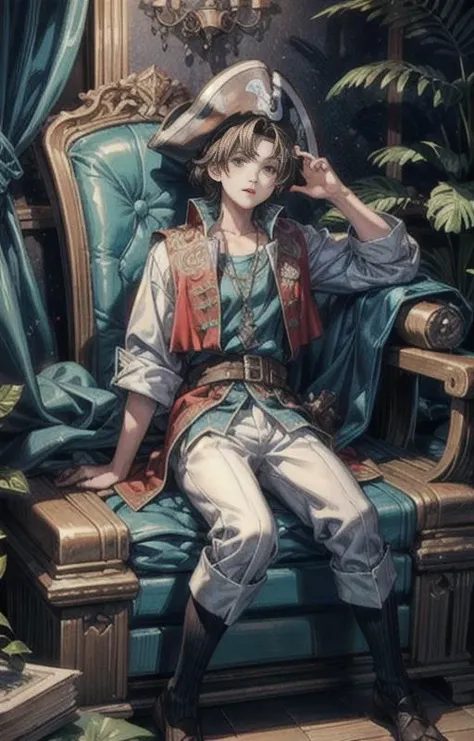 best quality,masterpiece, 1 boy, white boy, 16 years old, brown hair, short hair, chubby,gorgeous pirate outfit, gorgeous pirate hat, full body,  lots of jewels, sitting among the jewels, cave full of treasure
 <lora:more_details:1> <lora:Nardack:1>