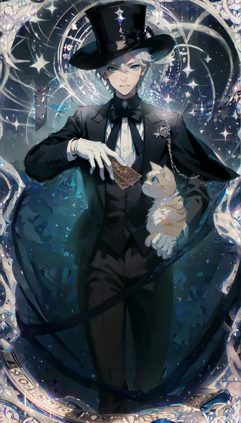 (best quality),((masterpiece)),illustrator,
1boy,magician,Silver hair,top hat,suit,cloak,white gloves,magic circle,(poker:1.2),<lora:magic circle:0.8>,<lora:animetarotV51:0.7>,tarot,universe,galaxy,<lora:LAS:1>,shadow,(flower:1.1),crystal,<lora:Crystalline...