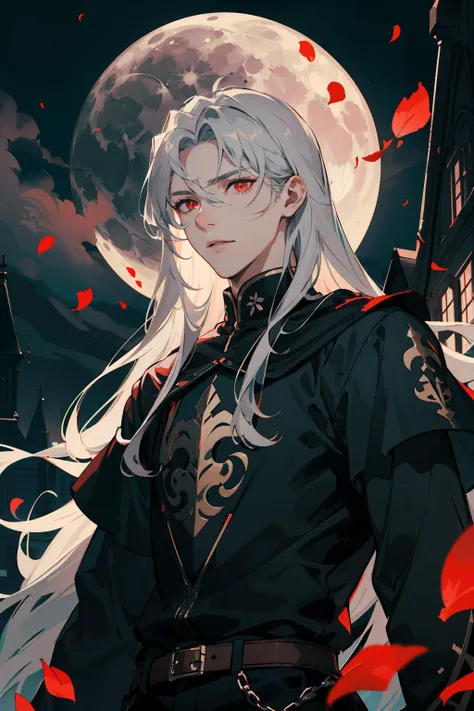 a white haired woman with long white hair and a black outfit stands in front of a full moon