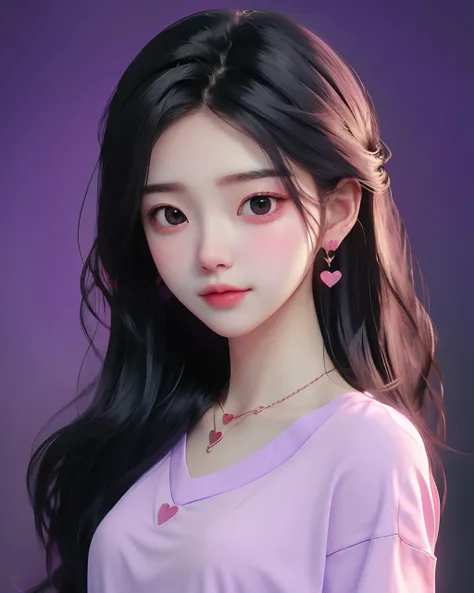 best quality,  cartoon_portrait, 1girl, solo, long hair, looking at viewer, simple background,  black hair, brown eyes,  upper body,  earrings, necklace, lips, pink shirt, purple shirt, heart necklace    <lora:cartoon_portrait_v2:0.7>