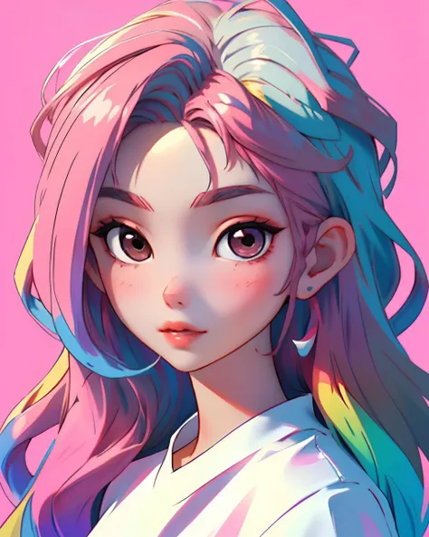 best quality, cartoon_portrait, 1girl, solo, long hair, looking at viewer, blonde hair, simple background, shirt, brown eyes,  white shirt, pink hair, multicolored hair, earrings, lips, <lora:cartoon_portrait_v2:0.7>