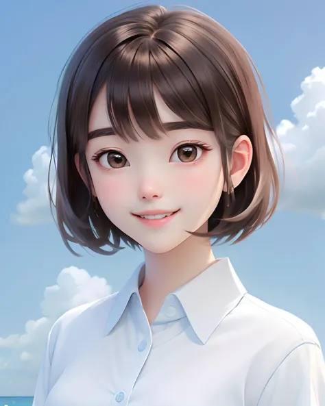 best quality, cartoon_portrait, 1girl, solo, looking at viewer, smile, short hair, simple background, brown hair, shirt, brown eyes, white shirt, parted lips, teeth, collared shirt, lips,  swept bangs, blue background,  <lora:cartoon_portrait_v2:0.7>