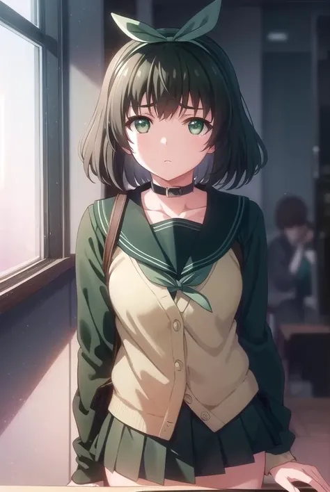 kanaehokari, <lora:kanae hokari ova-lora-nochekaiser:1>,
kanae hokari, short hair, black hair, ribbon, hair ribbon, (green eyes:1.5),
BREAK skirt, school uniform, serafuku, collar, cardigan, black skirt, black sailor collar,
BREAK indoors, classroom,
BREAK...