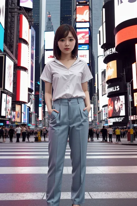 <lora:anjou_kozuki_obj20:0.5>, full_body, standing, sandals, (shirt), pants, (times square), (anjou_kozuki: 1.2), perfect face, (contact iris: 1.1), pale skin, skin pores , depth of field