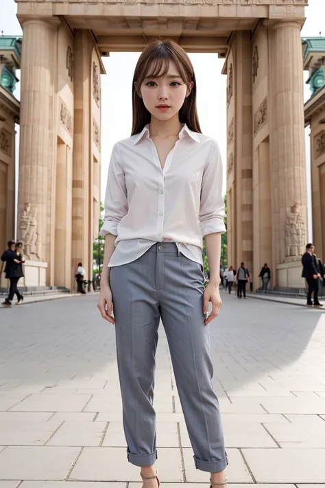 <lora:anjou_kozuki_obj20:0.5>, full_body, standing, sandals, (shirt), pants, (brandenburg gate), (anjou_kozuki: 1.2), perfect face, (contact iris: 1.1), pale skin, skin pores , depth of field