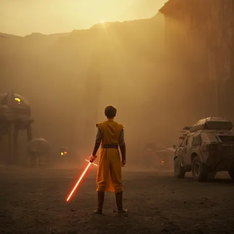 cinematic film still of  <lora:Warm Lighting Style:1>
warm light,a man with a light saber standing in front of a line of star wars vehicles,warm lighting style,1boy,holding,standing,weapon,male focus,sword,holding weapon,bodysuit,glowing,holding sword,robo...