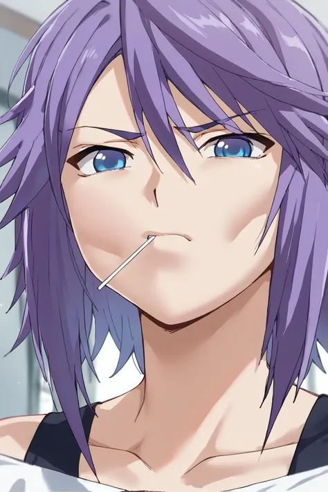 anime girl with purple hair and blue eyes with a cigarette in her mouth