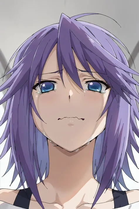 anime girl with purple hair and blue eyes staring at the camera