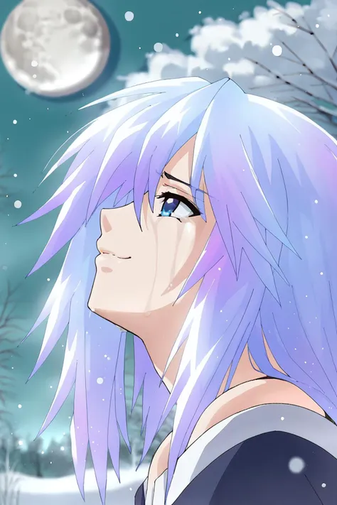 anime girl with purple hair and blue eyes looking at the moon