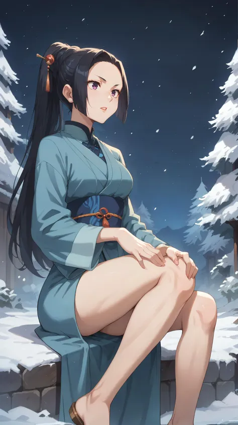 a woman sitting on a ledge in the snow with her legs crossed