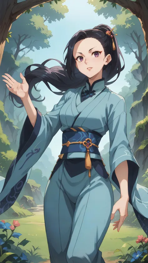 a woman in a blue kimono outfit walking through a forest