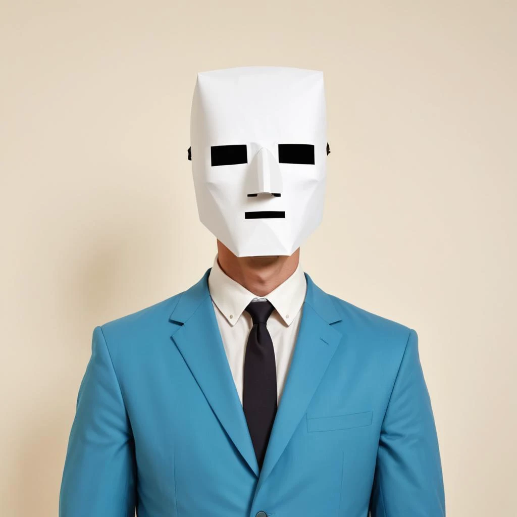 Abstract style <lora:FF-Style-Kazimir-Malevich.LoRA:1> in the style of kazimir malevich,kazimir malevich style,kazimir malevich art,kazimir malevich,a man in a suit with a paper mask on his head, wearing a plug suit, wearing a worn out suit, biopunk suit, ...