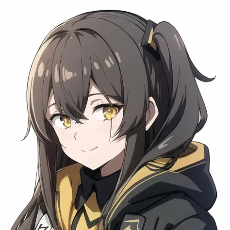 1girl, masterpiece, (portrait:1.2), <lora:Girls Frontline--ump45-og:1>, ump45 (girls frontline), smile, closed mouth, hooded jacket, shirt, black ribbon, yellow eyes, hair between eyes, scar across eye, looking at viewer, simple background, asymmetrical ha...