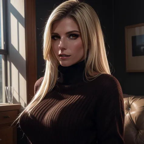 a close up of a woman in a brown turtle neck sweater