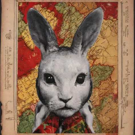 Ottoman rabbit portrait, Winter, soft focus, absurdres ,<lora:collage9:1>, aw0k surreal collage, by Squeak Carnwath and (Joyce Kozloff:0.8), collage art, turkish rug, persian pattern, old map