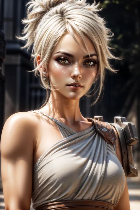 (masterpiece, best quality), intricate details, (Best quality)), ((masterpiece)), ((realistic)), (hyperrealism:1.2), (fractal art:1.2), 
(1girl), (perfect face:1.3), <lora:Riven-000016:1> riven (league of legends), folded ponytail, short dress, coreset, si...