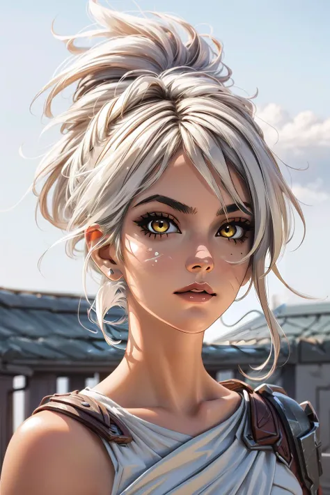 (masterpiece, best quality), intricate details, (Best quality)), ((masterpiece)), ((realistic)), (hyperrealism:1.2), (fractal art:1.2), 
(1girl), (perfect face:1.3), <lora:Riven-000016:1> riven (league of legends), folded ponytail, short dress, coreset, si...