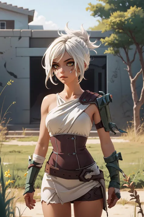 (masterpiece, best quality),  intricate details,
1girl,    <lora:Riven-000016:1> riven (league of legends), folded ponytail, short dress, coreset, single pauldron, white hair, black eyeshadow, bare shoulders,yellow eyes,