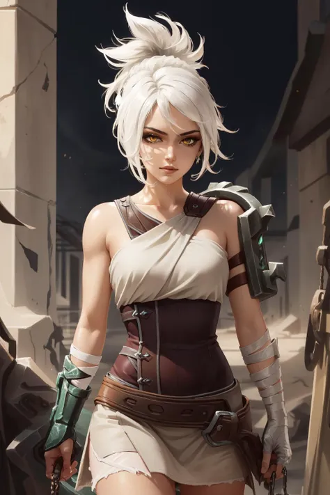 a woman with white hair and a gun in a white dress