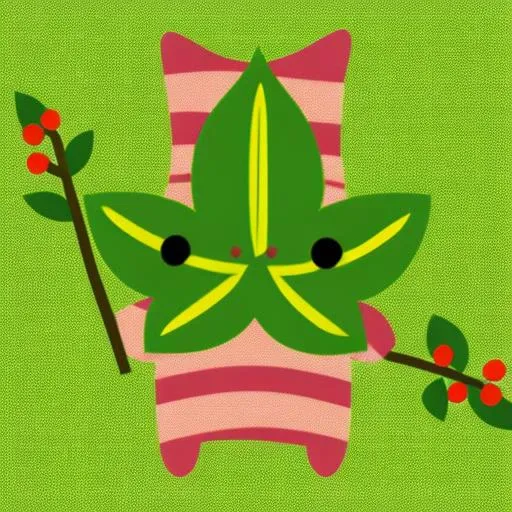 a close up of a cartoon cat holding a leaf on a branch