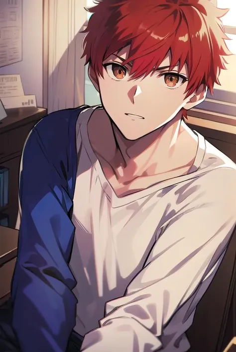 shirouemiya, <lyco:shirouemiya-LYCORIStest:1>, 
shirou emiya, 1boy, (red hair:1.5), spiked hair, (brown eyes:1.5), mature male,
BREAK blue pants, collarbone, pants, shirt, long sleeves, white shirt, raglan sleeves,
BREAK looking at viewer,
BREAK indoors, c...