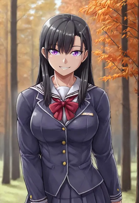 portrait of muscle girl wearing school uniform, black hair, purple eyes, autumn forest, str0ng woman, smile