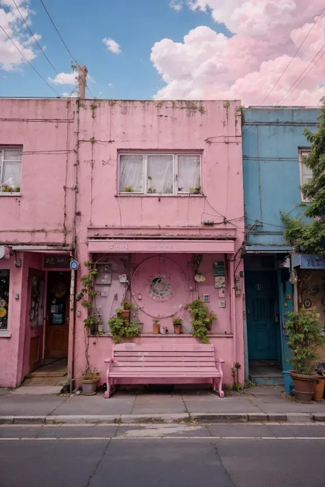 a pink building with a bench in front of it ,VisionaryVerse , <lora:VisionaryVerse-SD15:0.75>