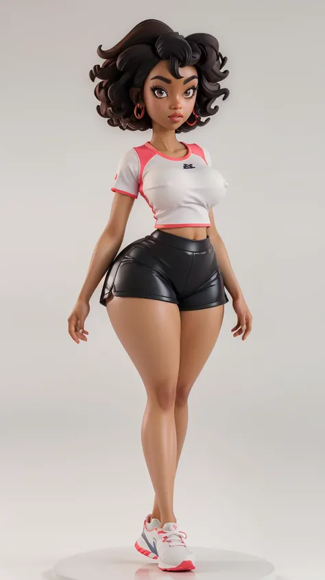 <lora:Sexy-American-Black:1> light brown eyes, afro curly black hair, full lips, dark skin, as pvc figure, top, shorts, sport shoes, looking at viewer, perfect hands, big breast, wide hips, thick thighs, ultra realistic digital art, a 3D render, photoreali...