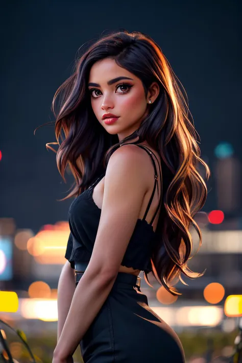 <lora:Sexy-Colombian:1>  black wavy hair, dark brown eyes, full lips, solo, looking at viewer, city background, blurred background, bokeh, deep of field, kkw-ph1, <lora:LORA-XenoDetailer-v2:1>