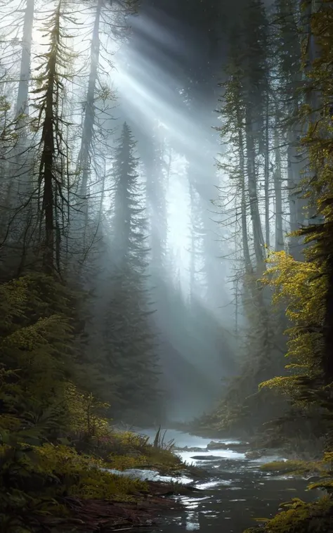 a view of a stream running through a forest with sunbeams