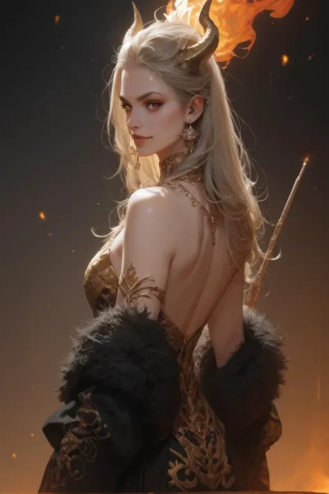 a woman in a dress with a sword and a fire