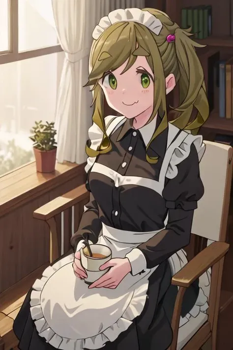 best quality, masterpiece, highres, solo, {maid:1.40}, {long maid dress:1.15}, {inuyama_aoi_yurucamp:1.15}, thick_eyebrows, long_hair, fang, skin_fang, brown_hair, green_eyes, smile, closed_mouth, side_ponytail, hair_ornament, hair_bobbles