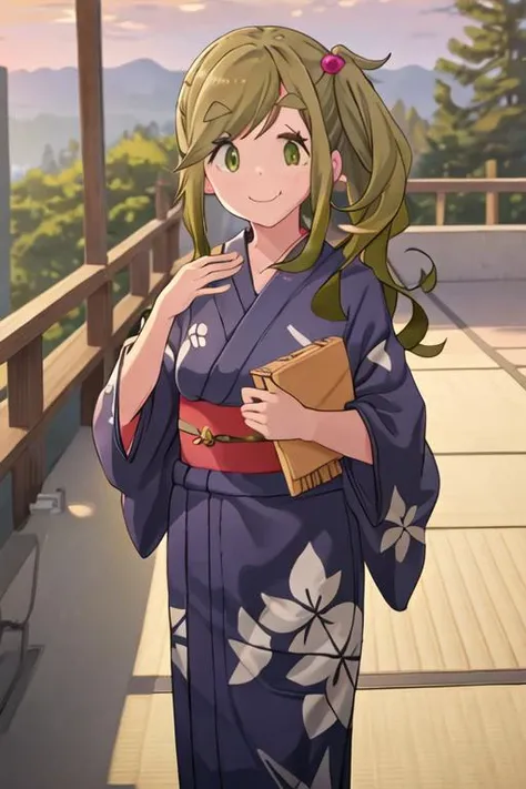 best quality, masterpiece, highres, solo, {yukata:1.40}, {kimono:1.20}, {inuyama_aoi_yurucamp:1.15}, thick_eyebrows, long_hair, fang, skin_fang, brown_hair, green_eyes, smile, closed_mouth, side_ponytail, hair_ornament, hair_bobbles