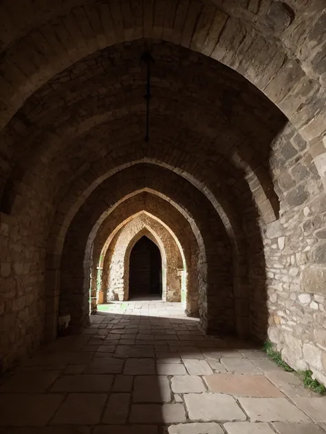 wide angle picture of a tall and narrow vaulted medieval cellar. stone and lime mortar. diy workshop with tools lined up on the wall and workbenches, shot with 11-16mm sigma on a 80d