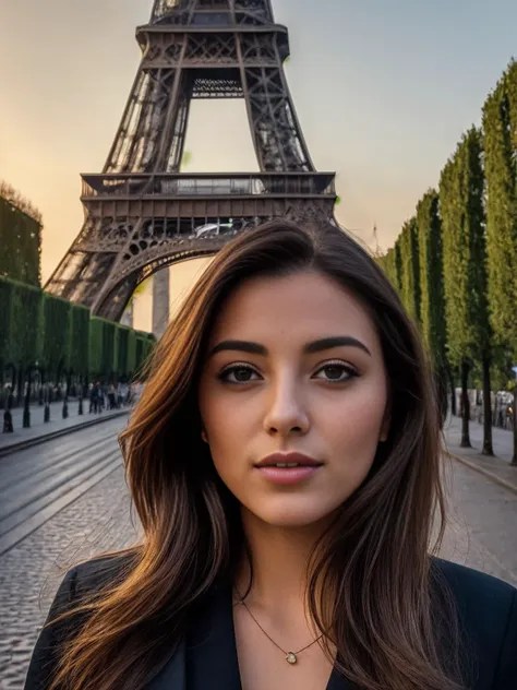 ((best quality)), ((masterpiece)), ,Award-winning photography: Portrait of a beautiful woman, radiating elegance, in the romantic streets of Paris, with the iconic Eiffel Tower as a stunning backdrop. (Very attractive, beautiful) <lora:Elixir:1>