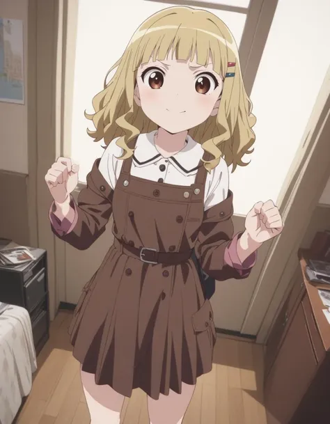 anime girl in brown dress standing in a room with a window