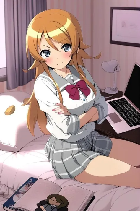 anime girl sitting on bed with laptop and book in hand